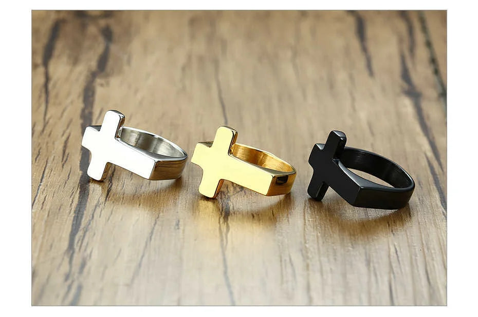 Vnox Einzigartiger Kreuz-Flachring für Herren, glänzender Edelstahl Christus Jesus Gebet Glaube Anel Bruderschaftsringe