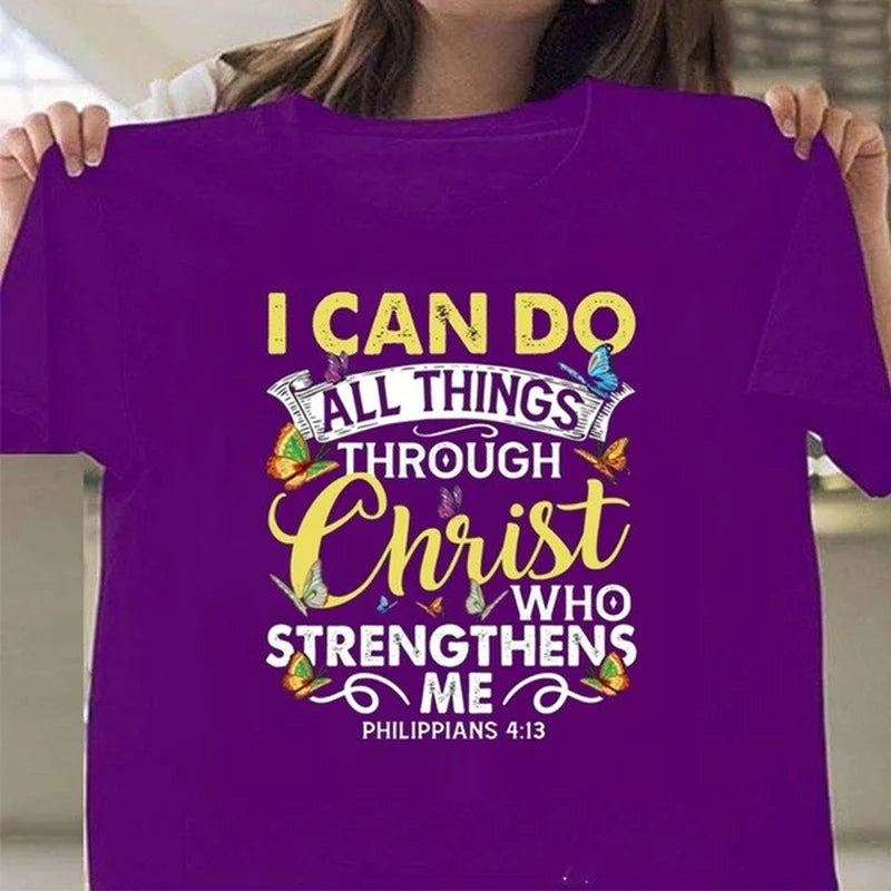 Ich kann alles durch Christus tun, Druck Frauen T-Shirt Kurzarm O-Neck Loose Frauen T-Shirt Damen T-Shirt Camisetas Mujer
