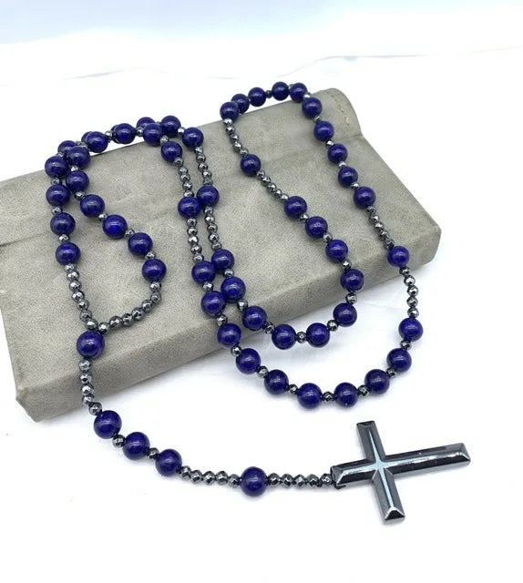 Tiger Eye Stone Bead & Hematite Cross Pendant Necklace for Men Women Catholic Christ Rosary Cross Pendant