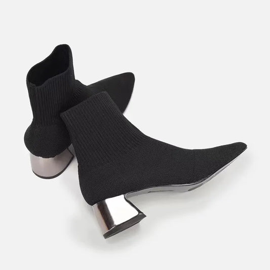 Herbst Winter Damen Strick Elastische Socken Stiefel Spitz Zehen Klobige Absatzstiefel Schwarz Mode Knöchel Chelsea Stiefel