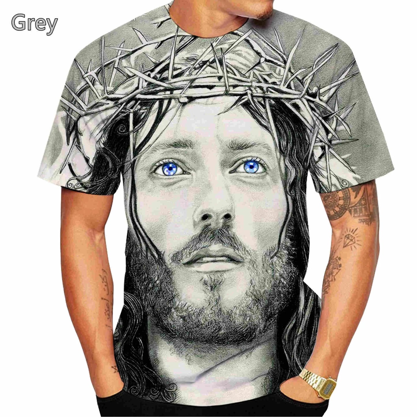 God! About Jesus Love Everone Christian Men's Round Neck Casual Short Sleeve T-Shirt, Cross Jesus Pattern Printed T-Shirt Top