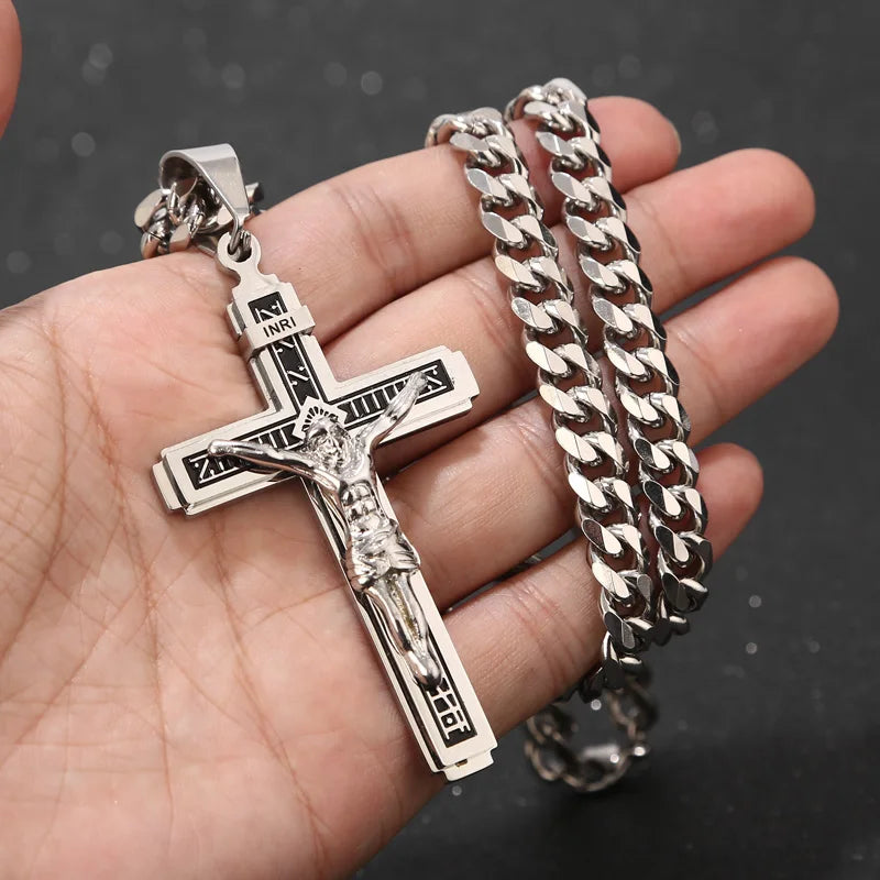 316L Edelstahl Charm Mode Kruzifix Jesus Kreuz Halskette Anhänger Mehrlagige Jesus Christus Kruzifix Halsketten 24''