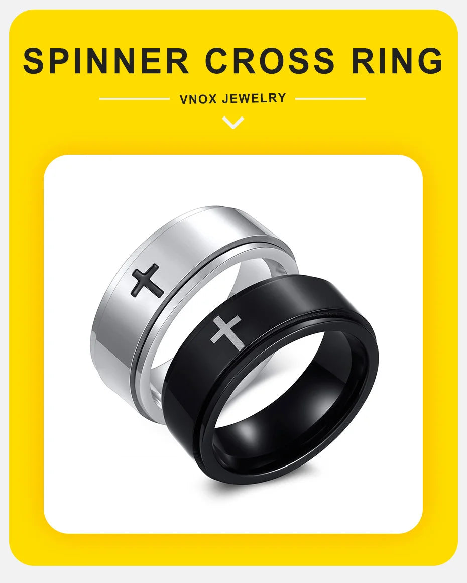 Vnox Spinner Kreuzring für Herren, schwarzer Edelstahl drehbarer Stressabbau-Fingerband, Jungen Christus Jesus Religion Ring
