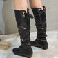 Shoes For Women  Knee High Boots Red Black White Tall Boots Woman Pleated Low Heel Casual Leather Female Long Shoes