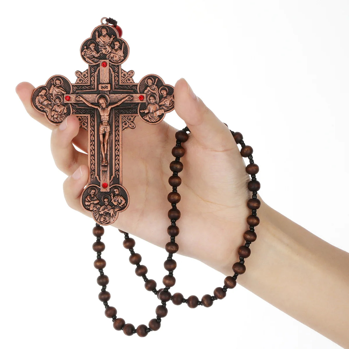 Diyalo Katholisches Metallkruzifix Jesus Christus Kreuz Anhänger Halskette Rosenkranz Holzkugeln Kette Halskette Damen Herren Schmuck Geschenk