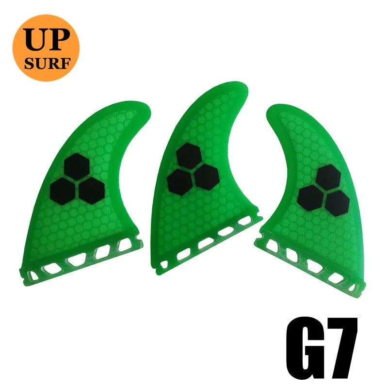 Surfbrett Flossen Set Tri Finnen UPSURF Future S/M/L Honeycomb Fiberglas Orange/Gelb/Blau/Grau/Grün mit schwarzem Logo Funboard Finnen