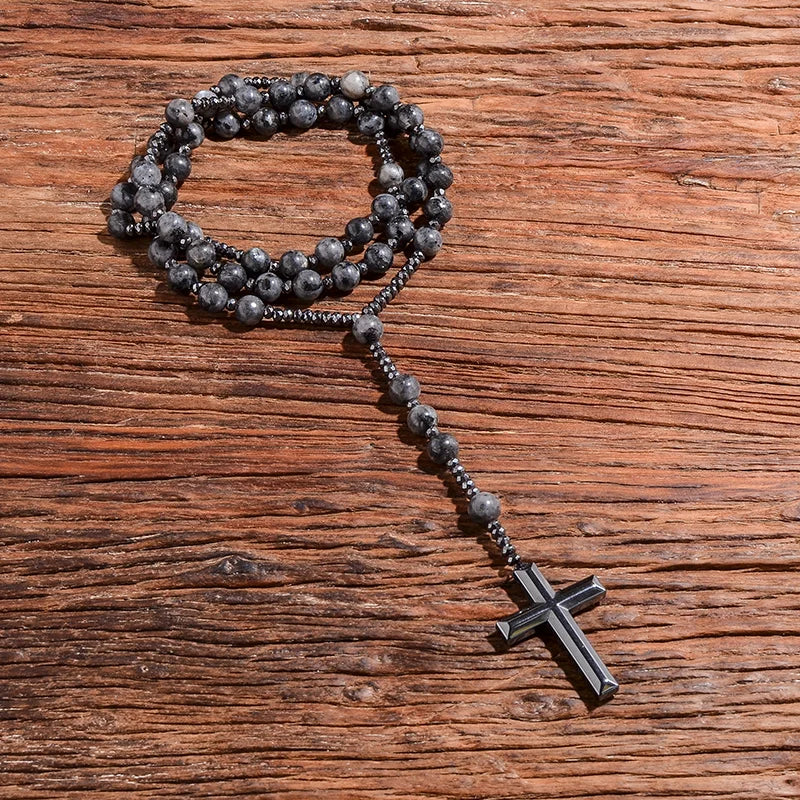 8mm Natursteinperlen Hämatit Kreuzanhänger für Herren Damen Katholische Christus Rosenkranz Kreuzanhänger Halskette Dropshipping