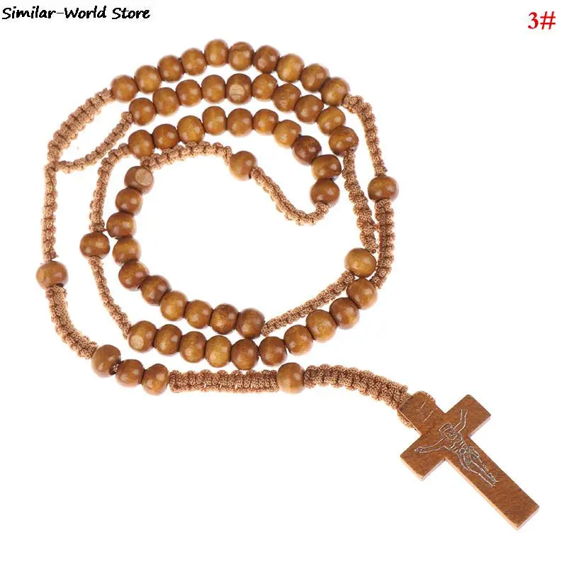 Christus Jesus Holzperlen 9mm Rosenkranzperle Kreuz Anhänger Geflochtenes Seil Halskette Religiöse Orthodoxe Gebetskette Schmuck