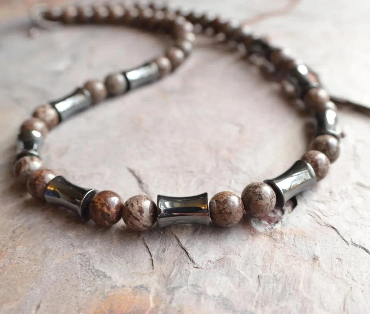 Men's Necklace Natural Coconut Pearls, Heishi Pearls in White Natural Shell and Black Wood  Beaded Surfer Necklace