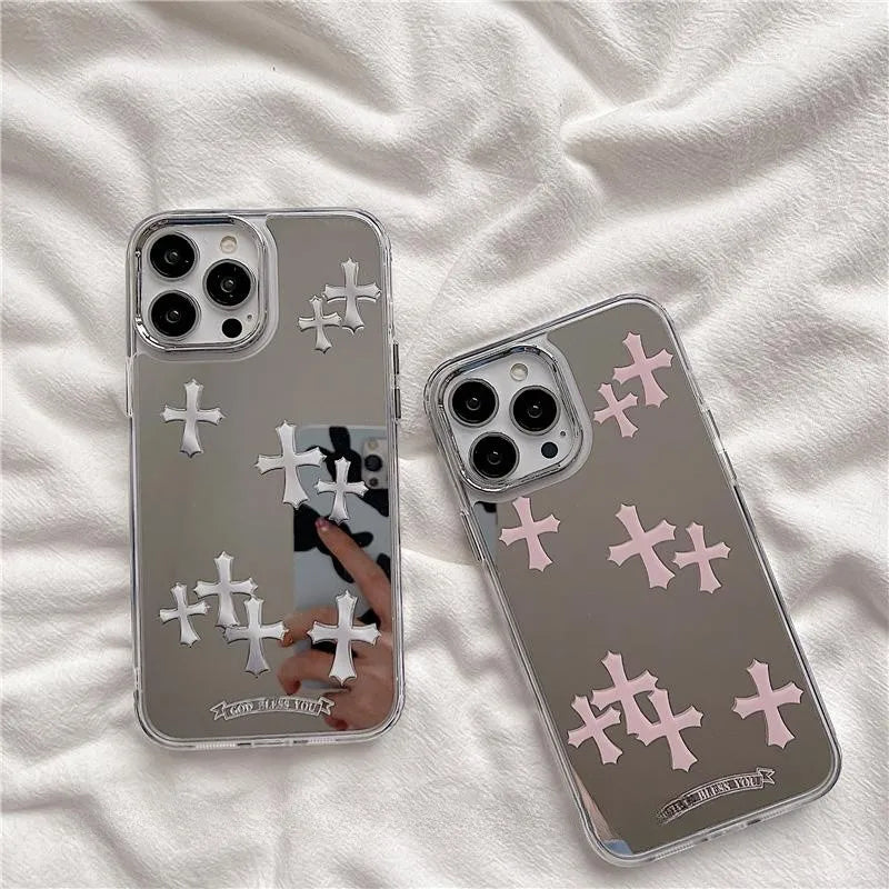 Luxury Makeup Mirror Jesus Christ Cross Phone Case For iPhone 11 13 12 14 Pro Max iPhone 15 pro max cases Cute Hard Back Cover