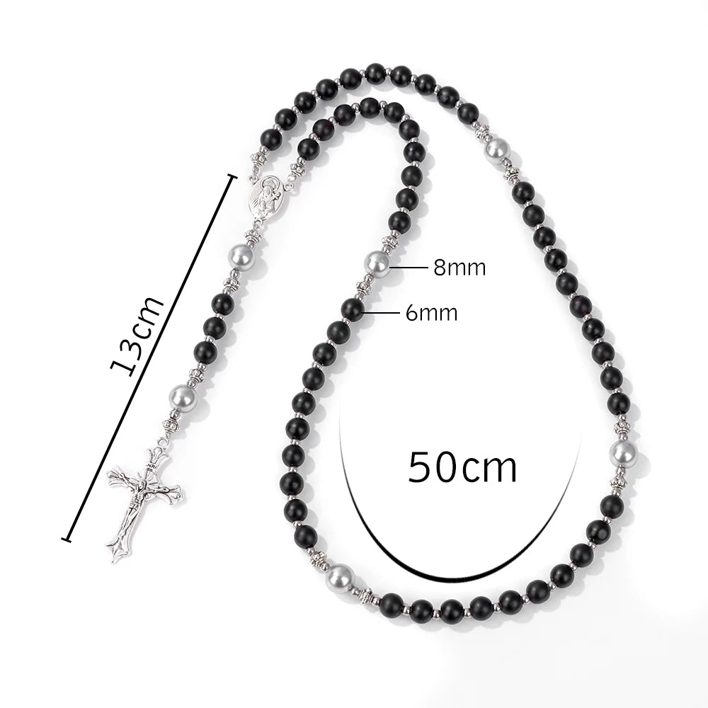 Natural Labradorite Tiger Eye Stone Bracelet Catholic Christ Rosary Cross Pendant Bracelets Men Meditation Prayer Jewelry Gift