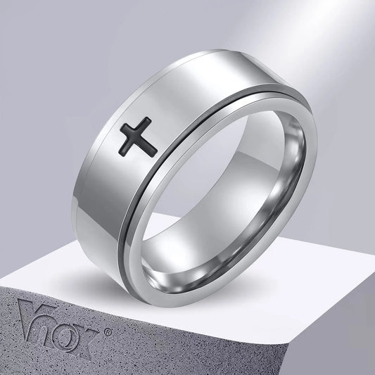 Vnox Spinner Kreuzring für Herren, schwarzer Edelstahl drehbarer Stressabbau-Fingerband, Jungen Christus Jesus Religion Ring