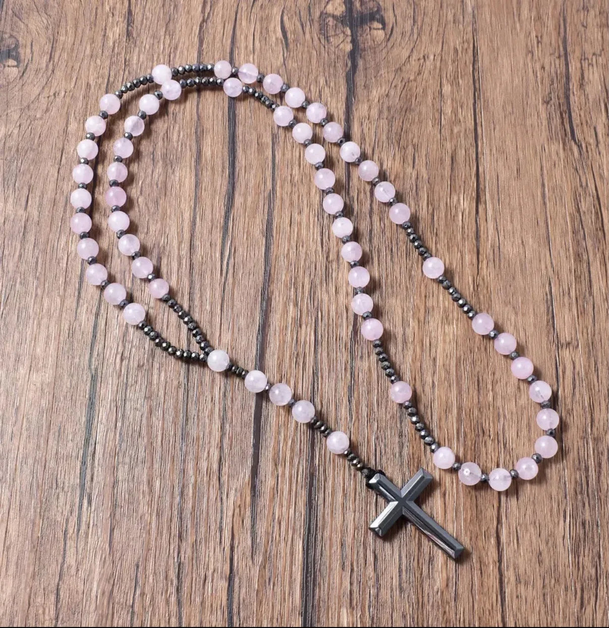 Tiger Eye Stone Bead & Hematite Cross Pendant Necklace for Men Women Catholic Christ Rosary Cross Pendant