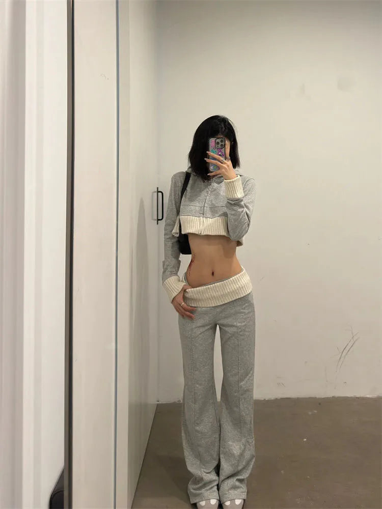 Damen Koreanische Y2k Gyaru Outfits 2-teiliges Set Patchwork Langarm Cropped Hoodie + Lange Freizeithose mit Gummizug im Baggy-Stil