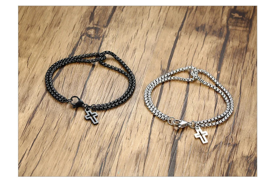 Vnox Einfache, geschichtete 3mm Rolo-Kettenarmbänder für Herren, rundes Kettenglied mit Kreuz-Anhänger, Armband, Christusgebet, Vintage-Freizeitgeschenk