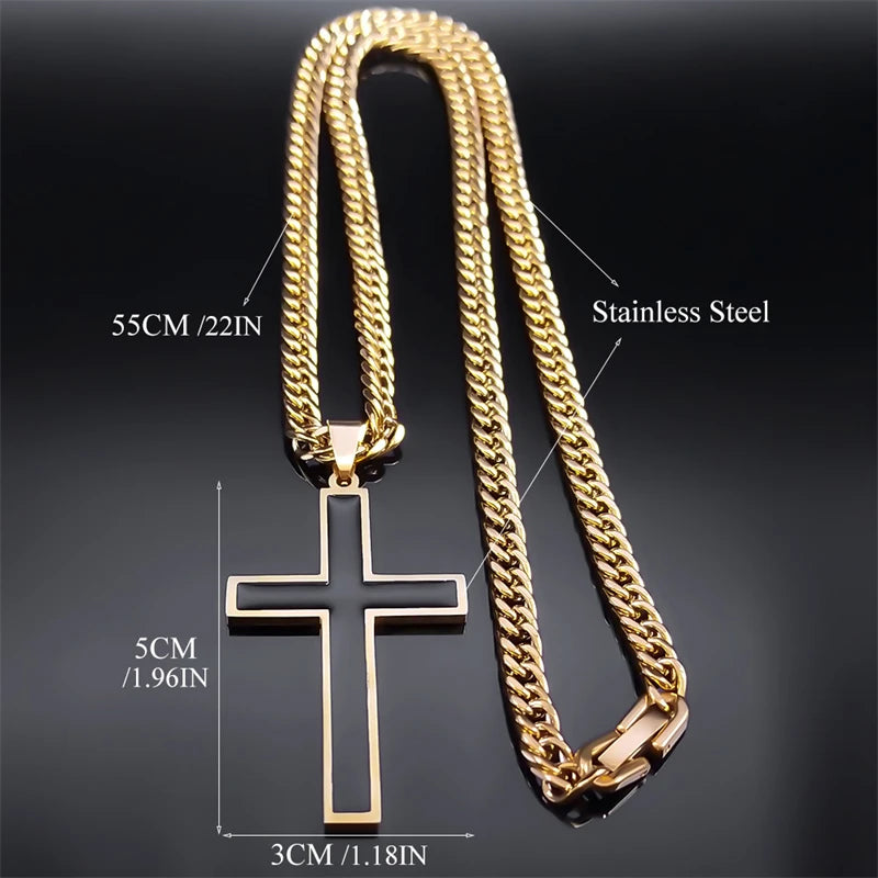 Punk Hip Hop Schwarzes Kreuz Anhänger Halskette für Frauen Männer Edelstahl Goldfarbe Männlich Jesus Christus Kette Schmuck Colar N8236S0