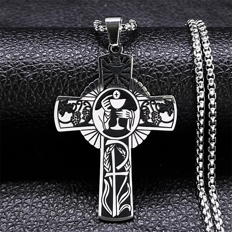 Christian Christus Eucharistie Heiligenschein Traubensaft Kreuz Kette Edelstahl Männer Frauen Katholische Heiliger Geist Kirche Halskette Schmuck