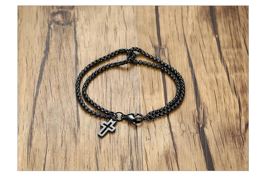 Vnox Einfache, geschichtete 3mm Rolo-Kettenarmbänder für Herren, rundes Kettenglied mit Kreuz-Anhänger, Armband, Christusgebet, Vintage-Freizeitgeschenk
