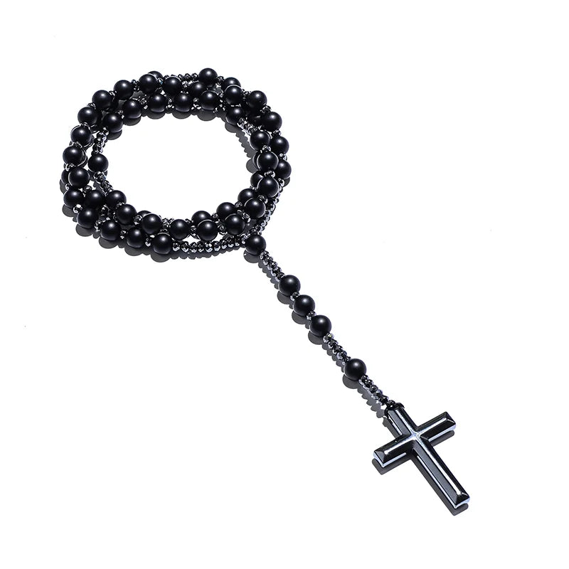 8mm Natursteinperlen Hämatit Kreuzanhänger für Herren Damen Katholische Christus Rosenkranz Kreuzanhänger Halskette Dropshipping