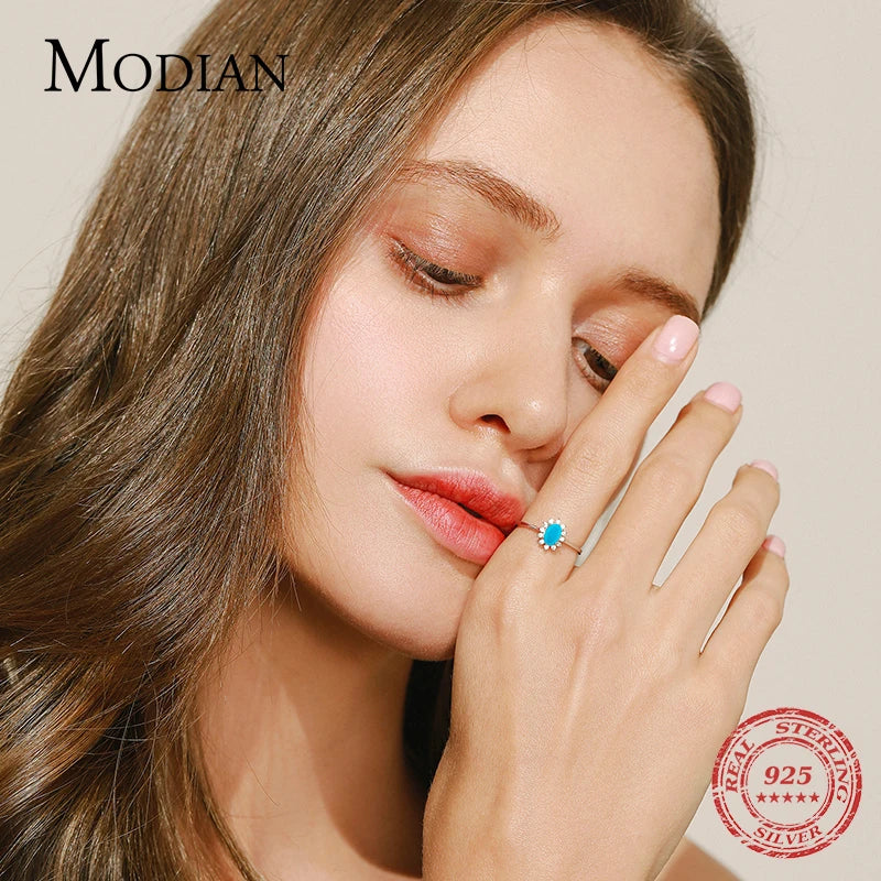 MODIAN Klassischer Kronenring für Damen aus reinem 925er Sterlingsilber mit natürlichem Türkis, elegante Mode-Ringe für Frauen, Weihnachtsschmuck