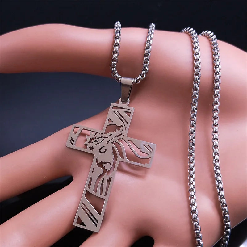 Christ Gott Kreuz Jesus Dornenkrone Kette Halskette Herren Edelstahl Kruzifix Halskette Schmuck colar masculino N7074S02