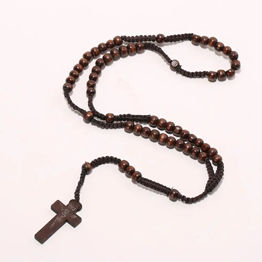 Christus Jesus Holzperlen 8mm Rosenkranz Perle Kreuz Anhänger Geflochtene Seilkette Halskette Religiöse Orthodoxe Gebets Schmuckkette Dekor