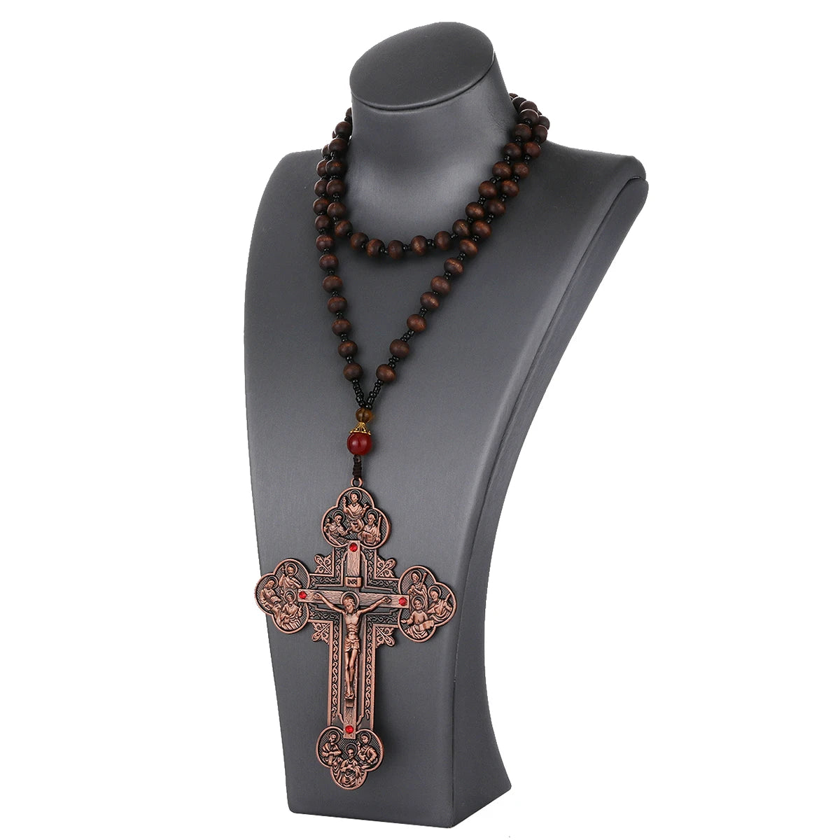 Diyalo Katholisches Metallkruzifix Jesus Christus Kreuz Anhänger Halskette Rosenkranz Holzkugeln Kette Halskette Damen Herren Schmuck Geschenk