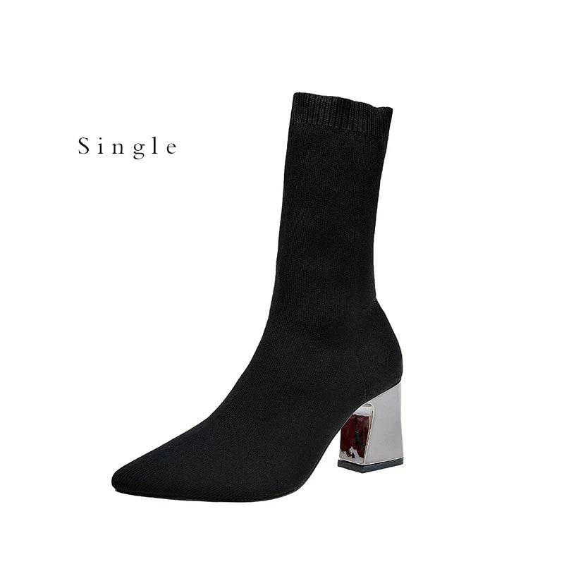 Autumn winter elastic fabric ankle boots women's shoes pointed thick heel stretch boots knitted stockings sizes 34-43