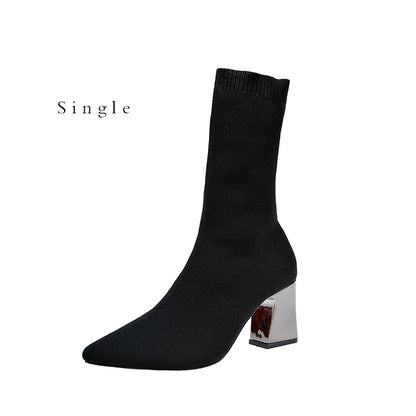 Autumn winter elastic fabric ankle boots women's shoes pointed thick heel stretch boots knitted stockings sizes 34-43