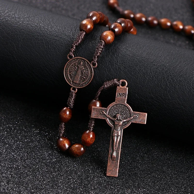 Christus Jesus Holzperlen 8mm Rosenkranzperlen Kreuz Autoanhänger Geflochtene Seilkette Halskette Religiöser Orthodoxer Gebetsschmuck