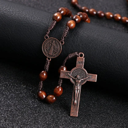Christus Jesus Holzperlen 8mm Rosenkranzperlen Kreuz Autoanhänger Geflochtene Seilkette Halskette Religiöser Orthodoxer Gebetsschmuck