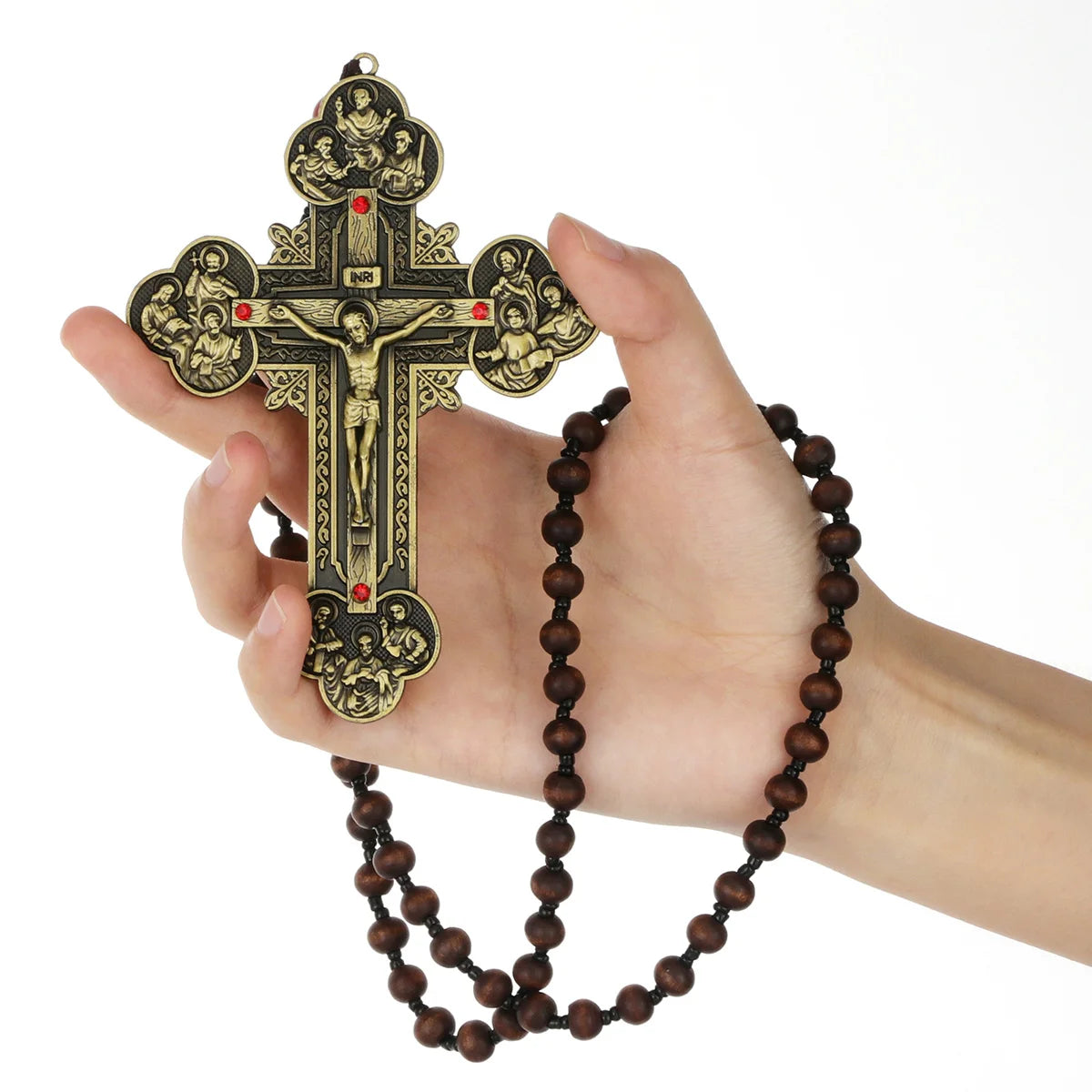 Diyalo Katholisches Metallkruzifix Jesus Christus Kreuz Anhänger Halskette Rosenkranz Holzkugeln Kette Halskette Damen Herren Schmuck Geschenk