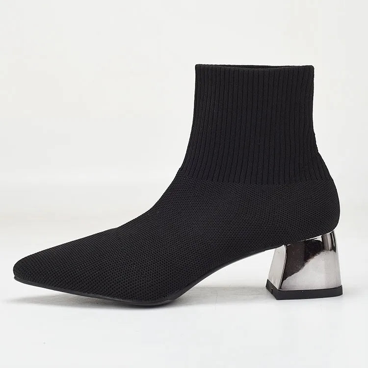 Autumn Winter Women's Knit Elastic Socks Boots Pointed Toe Chunky Heel Boots Black Fashion Ankle Chelsea Boots