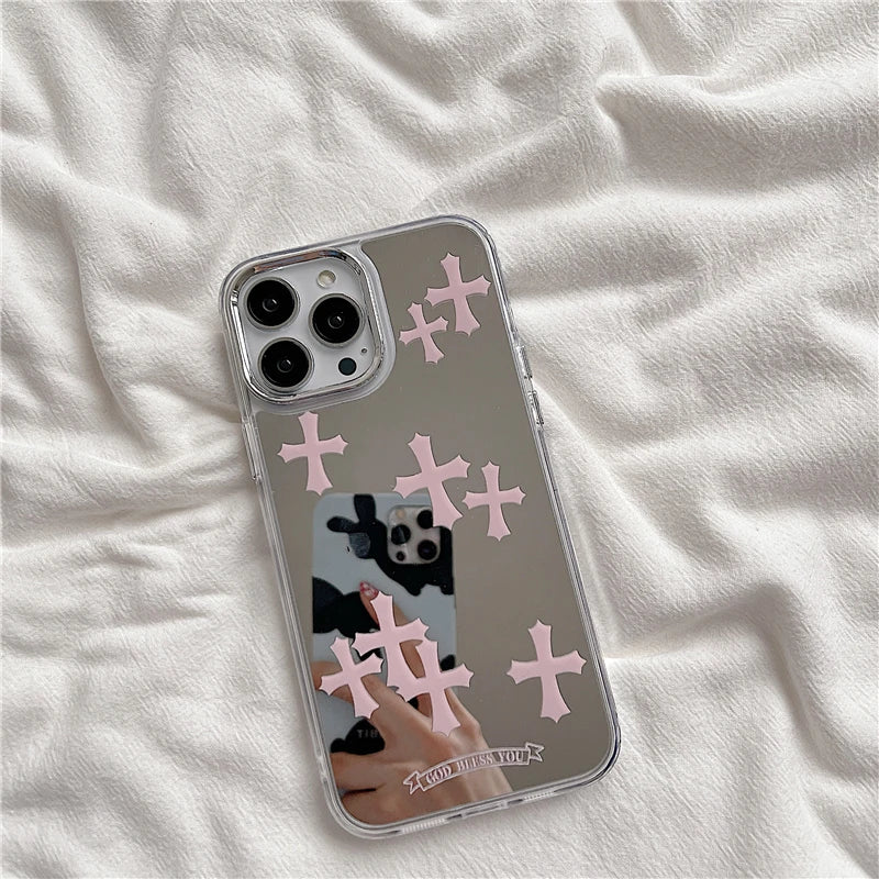 Luxury Makeup Mirror Jesus Christ Cross Phone Case For iPhone 11 13 12 14 Pro Max iPhone 15 pro max cases Cute Hard Back Cover