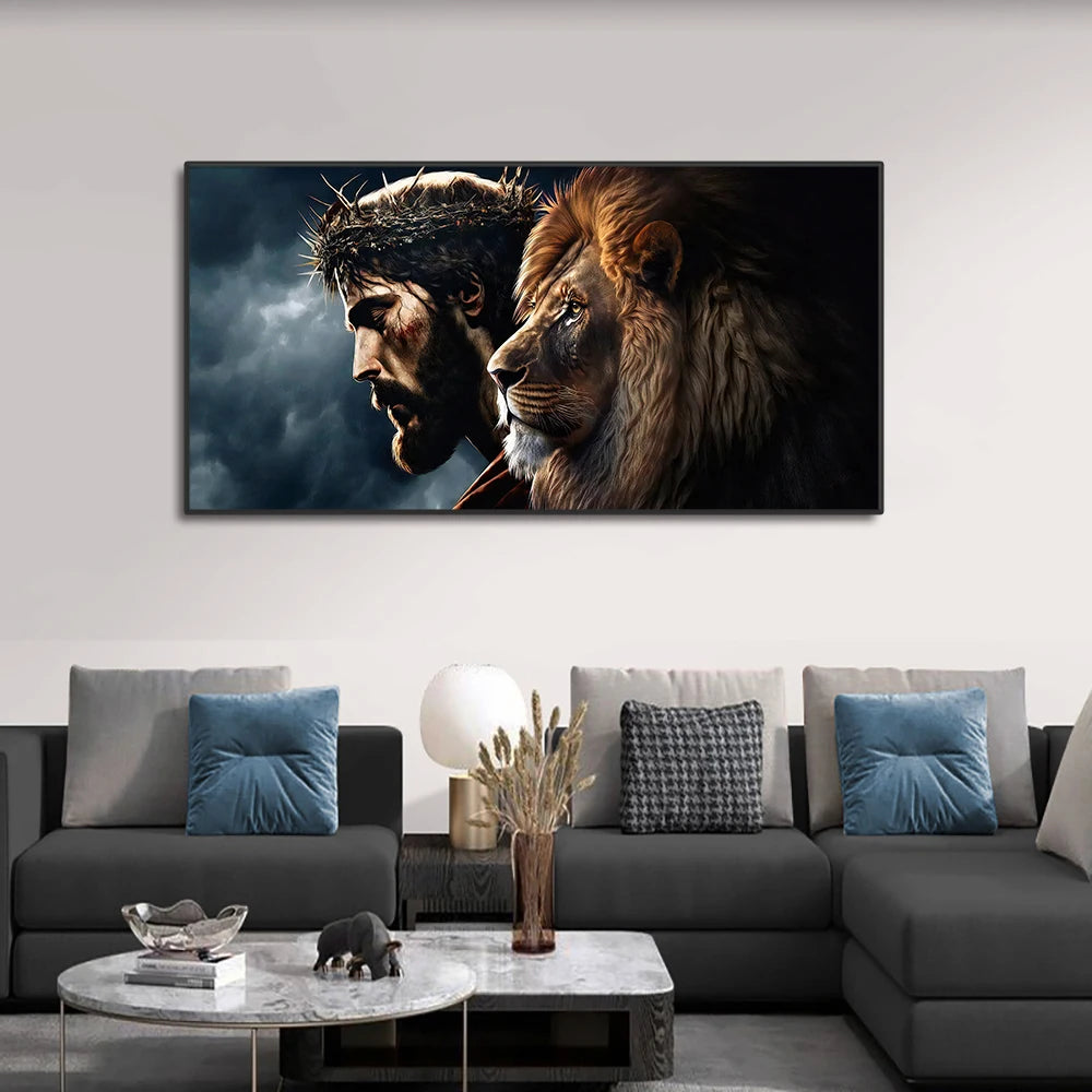 Gott Jesus Christus und Löwengesicht Wandkunst Poster Drucke Abstrakte Leinwandbilder Tierbilder für die moderne Wohnzimmerdekoration