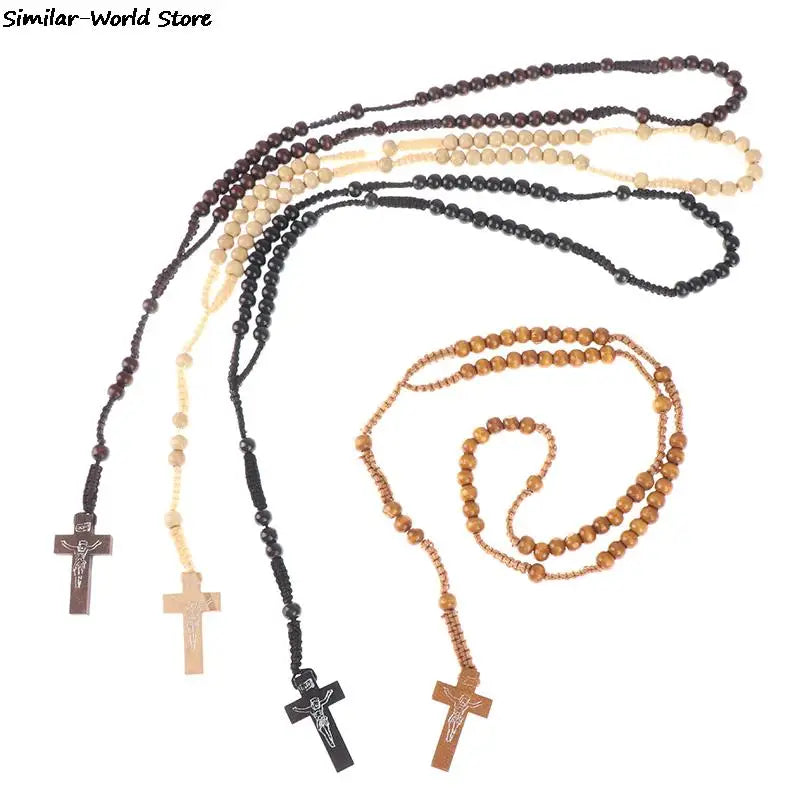 Christus Jesus Holzperlen 9mm Rosenkranzperle Kreuz Anhänger Geflochtenes Seil Halskette Religiöse Orthodoxe Gebetskette Schmuck