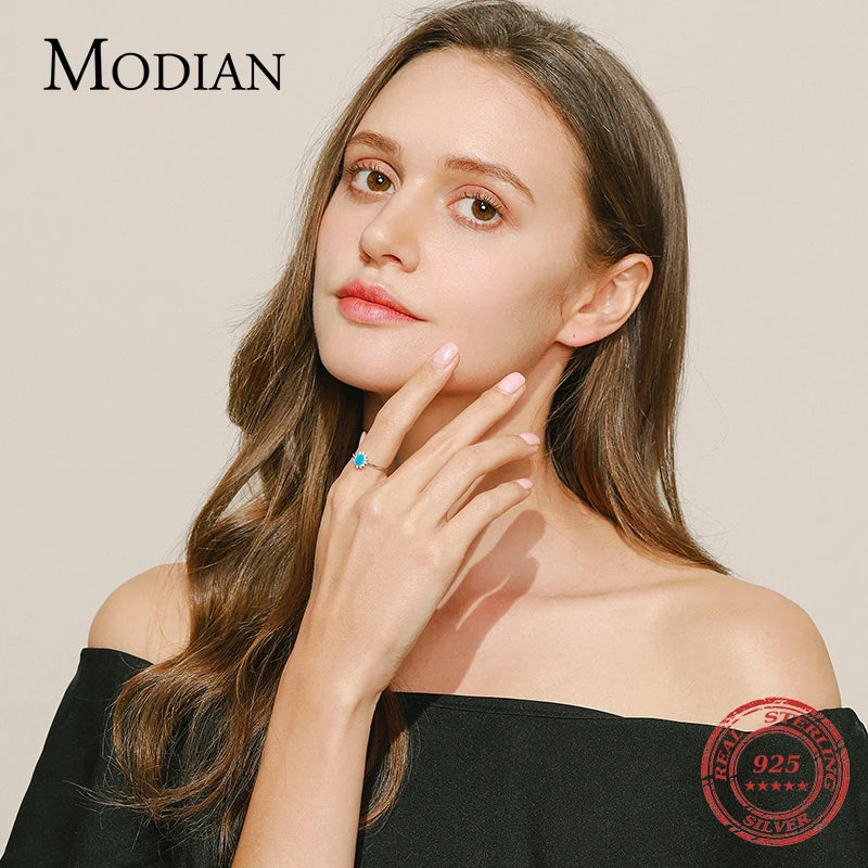 MODIAN Klassischer Kronenring für Damen aus reinem 925er Sterlingsilber mit natürlichem Türkis, elegante Mode-Ringe für Frauen, Weihnachtsschmuck