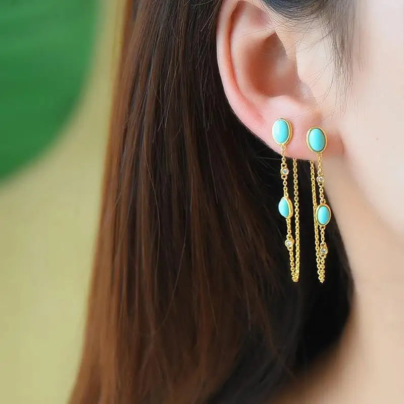 New original Turquoise long Tassel earrings for women Chinese style retro unique ancient gold craft light luxury Christmas gift