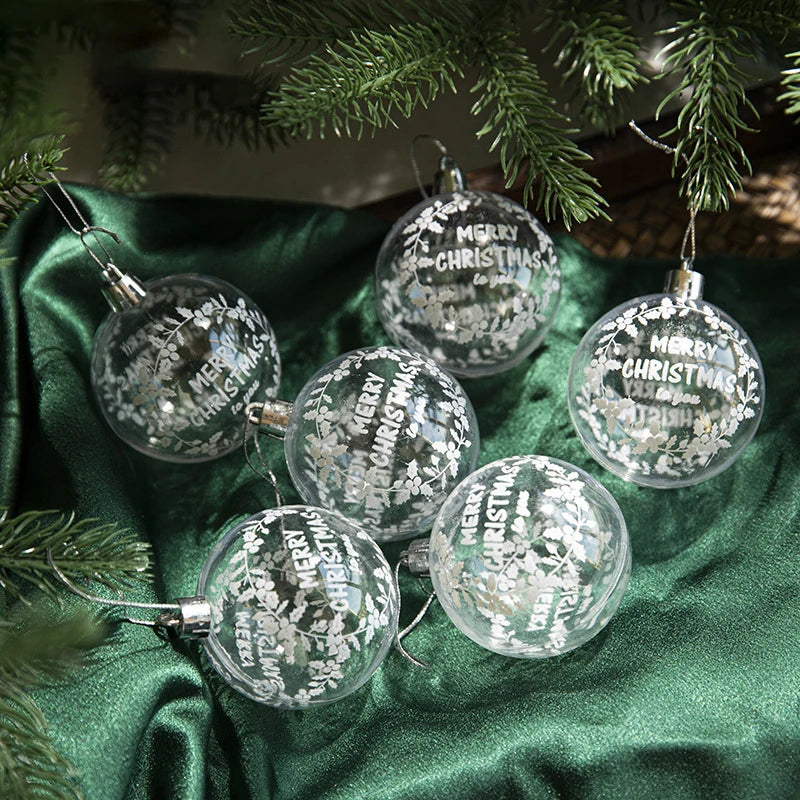 6 Stück 6 cm transparente Schneeball-Weihnachtskugeln Anhänger für Weihnachtsbaumschmuck Klare Kugeln Hängende Ornamente Weihnachten Navidad