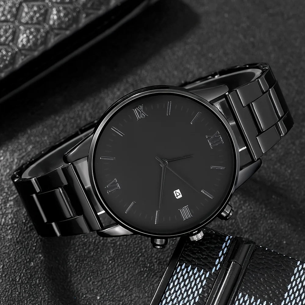 4tlg/Set, Herren schlichte Zeiger runde schwarze Kalender-Quarzuhr und schwarze Kreuz-Anhänger Halskette, Ring, Armband, Geschenk für Ihn