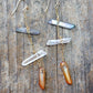 Delicate Gold Chain Earring with Three Raw Quartz Crystals in Mystic Grey, Rainbow and Peach Quartz