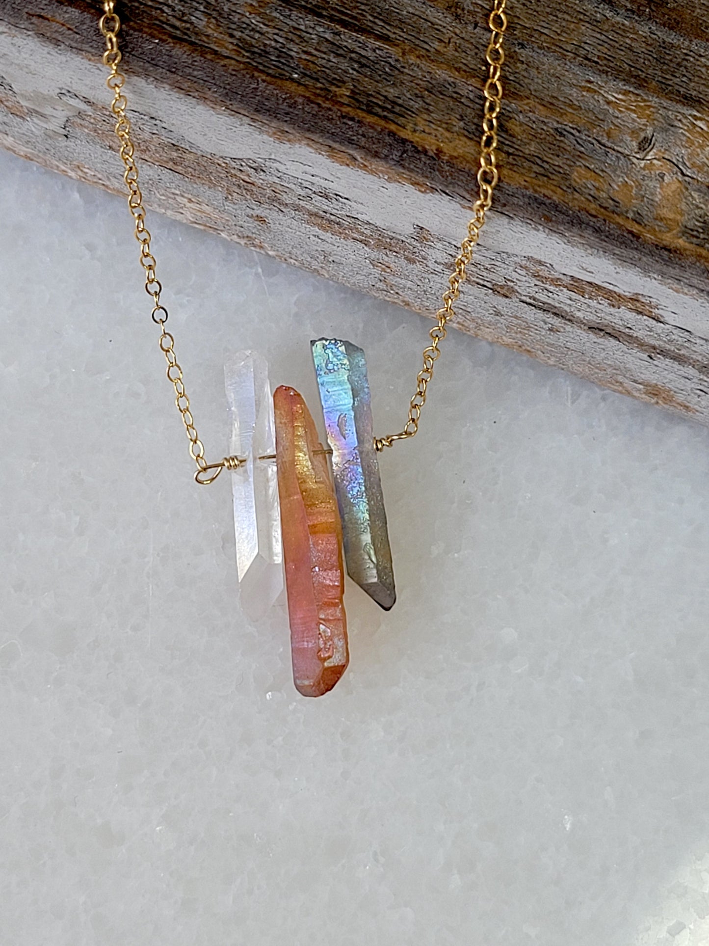 Three Raw Quartz Crystal Pendant Necklace with Mystic Gray, Rainbow and Peach Quartz in Gold