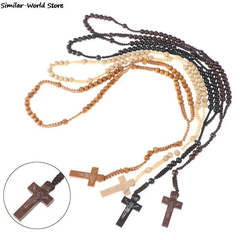 Christus Jesus Holzperlen 9mm Rosenkranzperle Kreuz Anhänger Geflochtenes Seil Halskette Religiöse Orthodoxe Gebetskette Schmuck