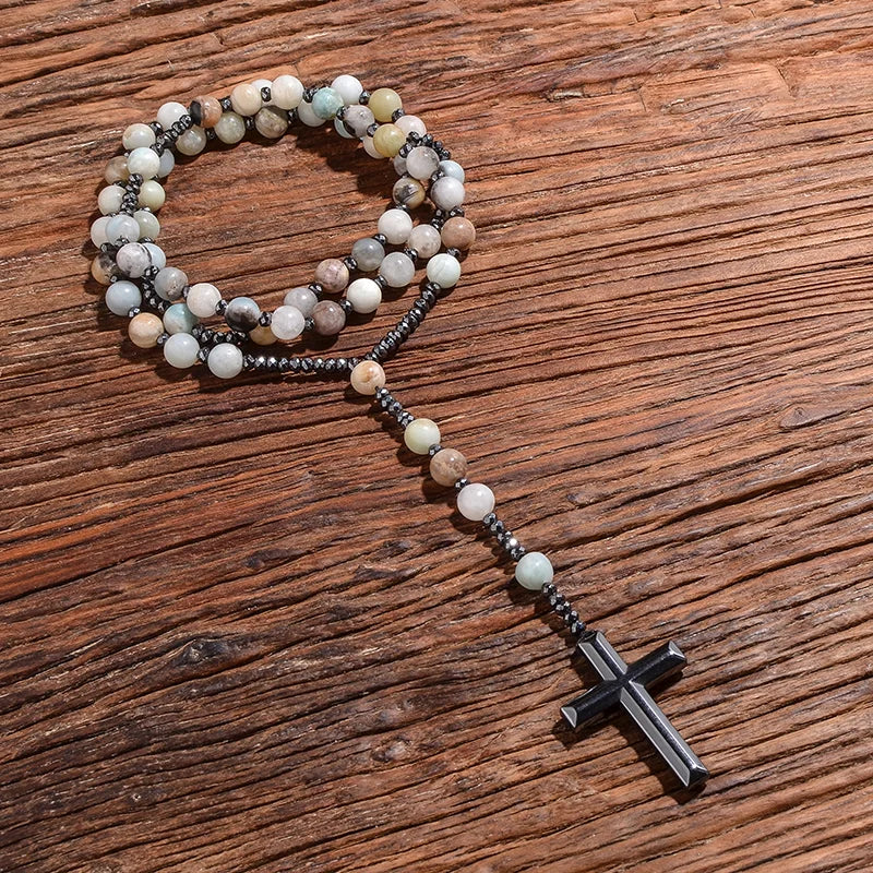 8mm Natursteinperlen Hämatit Kreuzanhänger für Herren Damen Katholische Christus Rosenkranz Kreuzanhänger Halskette Dropshipping