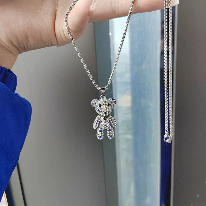 Niedliche Bären-Anhänger-Halskette für Damen, modische Persönlichkeit, Hip-Hop-Kette, glänzender Zirkon-Bär, Hoodie-Accessoires, Trend-Party-Schmuck