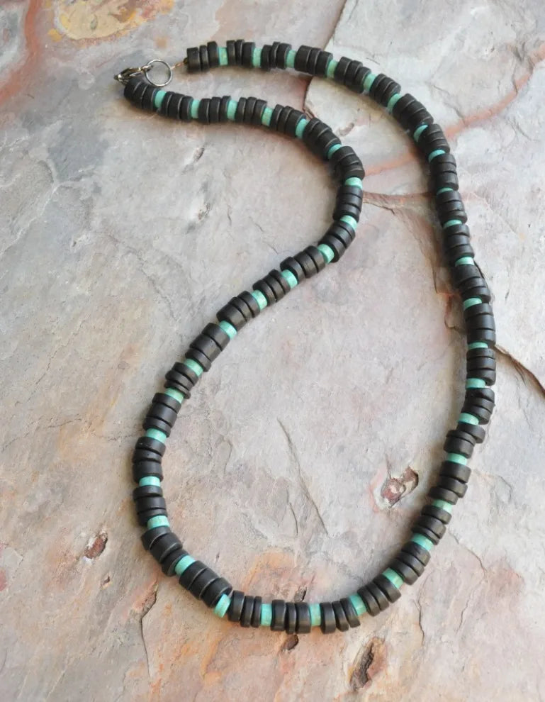 Men's Necklace Natural Coconut Pearls, Heishi Pearls in White Natural Shell and Black Wood  Beaded Surfer Necklace
