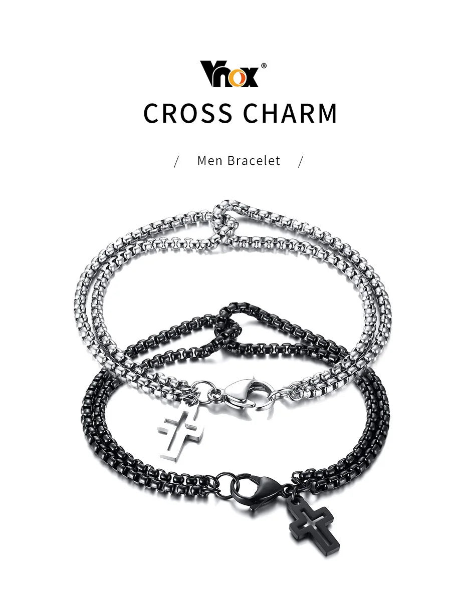 Vnox Einfache, geschichtete 3mm Rolo-Kettenarmbänder für Herren, rundes Kettenglied mit Kreuz-Anhänger, Armband, Christusgebet, Vintage-Freizeitgeschenk