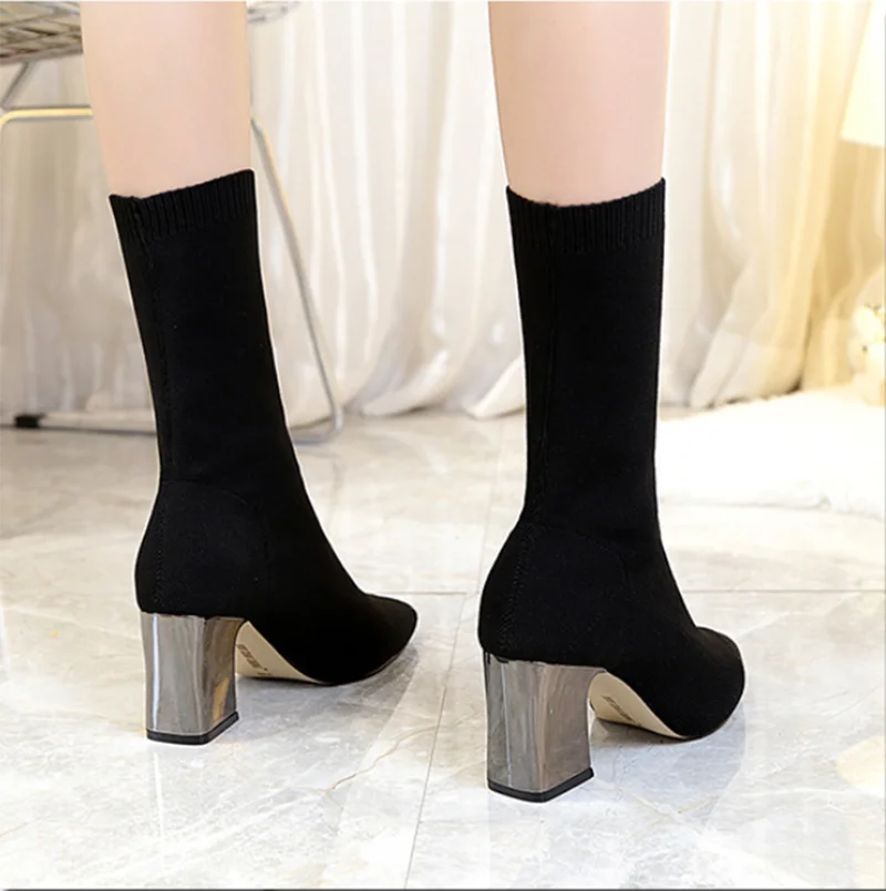Autumn winter elastic fabric ankle boots women's shoes pointed thick heel stretch boots knitted stockings sizes 34-43