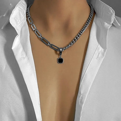 Edelstahl Cuban Gliederkette Halskette für Herren Schwarz Quadrat Anhänger Halskette Herren Halsketten Coole Hip Hop Halskette Neu