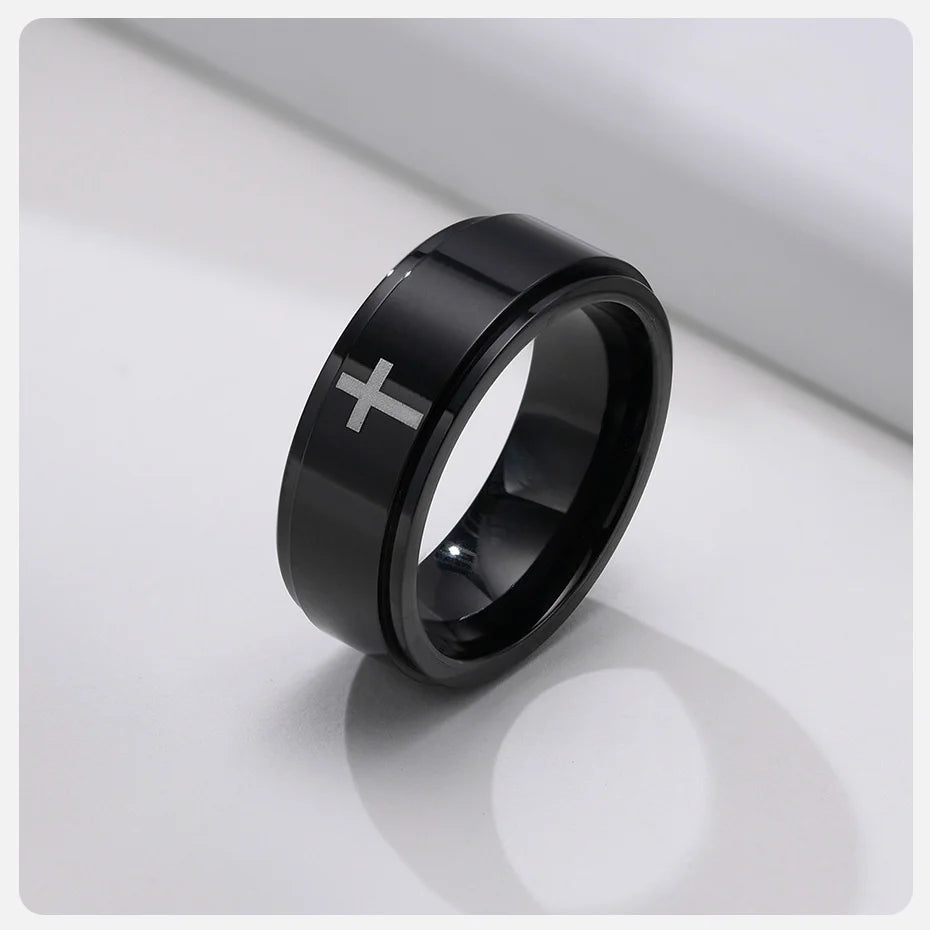 Vnox Spinner Kreuzring für Herren, schwarzer Edelstahl drehbarer Stressabbau-Fingerband, Jungen Christus Jesus Religion Ring